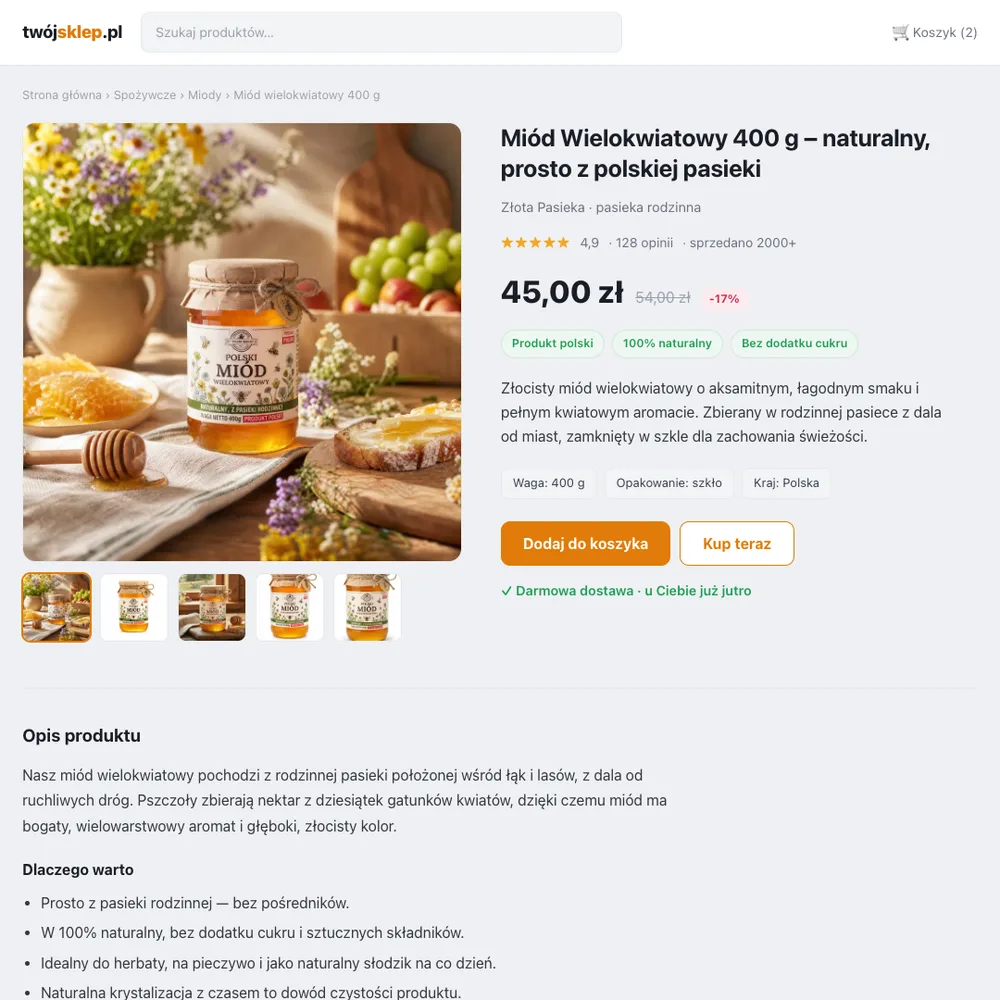 Bogata karta produktu: galeria zdjęć, pełny opis, atrybuty, oceny i SEO